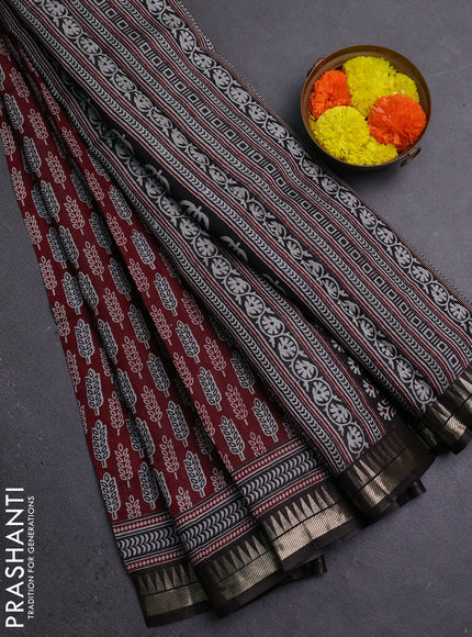 Semi maheshwari cotton saree maroon and brown with butta prints and zari woven border