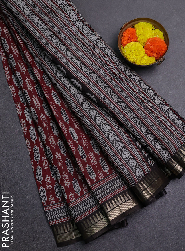 Semi maheshwari cotton saree maroon and brown with butta prints and zari woven border
