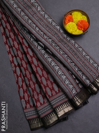 Semi maheshwari cotton saree maroon and brown with butta prints and zari woven border
