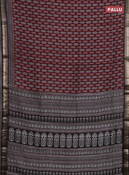 Semi maheshwari cotton saree maroon and brown with butta prints and zari woven border