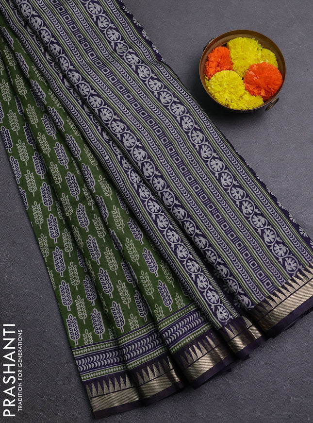 Semi maheshwari cotton saree sap green and navy blue with butta prints and zari woven border