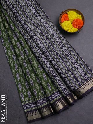 Semi maheshwari cotton saree sap green and navy blue with butta prints and zari woven border