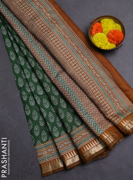 Semi maheshwari cotton saree green and mustard yellow with butta prints and zari woven border