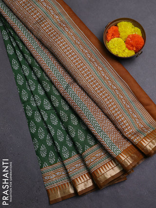 Semi maheshwari cotton saree green and mustard yellow with butta prints and zari woven border