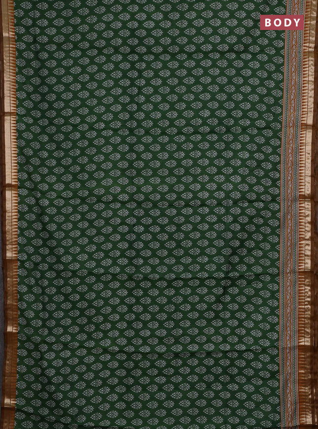 Semi maheshwari cotton saree green and mustard yellow with butta prints and zari woven border