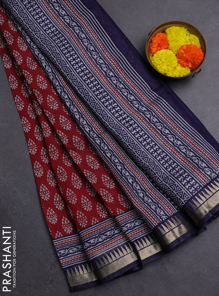 Semi maheshwari cotton saree maroon and navy blue with butta prints and zari woven border