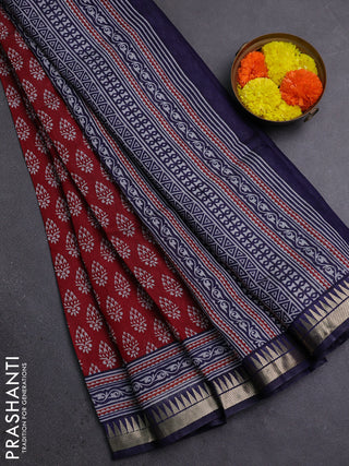 Semi maheshwari cotton saree maroon and navy blue with butta prints and zari woven border