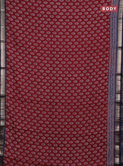 Semi maheshwari cotton saree maroon and navy blue with butta prints and zari woven border
