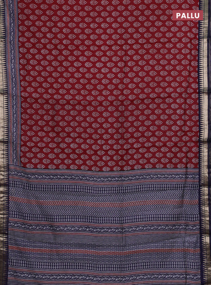 Semi maheshwari cotton saree maroon and navy blue with butta prints and zari woven border