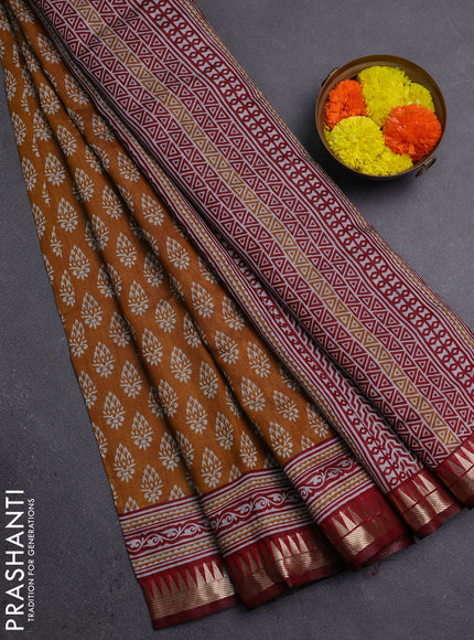 Semi maheshwari cotton saree mustard yellow and maroon with butta prints and zari woven border