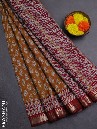 Semi maheshwari cotton saree mustard yellow and maroon with butta prints and zari woven border