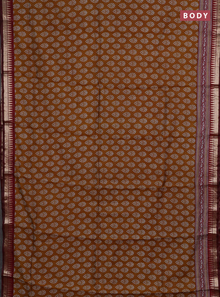 Semi maheshwari cotton saree mustard yellow and maroon with butta prints and zari woven border