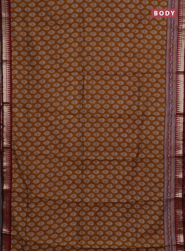 Semi maheshwari cotton saree mustard yellow and maroon with butta prints and zari woven border