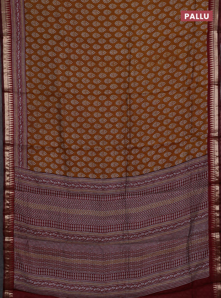 Semi maheshwari cotton saree mustard yellow and maroon with butta prints and zari woven border