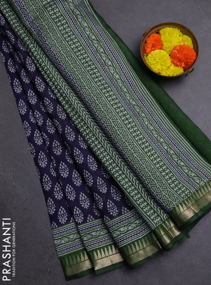 Semi maheshwari cotton saree navy blue and green with butta prints and zari woven border