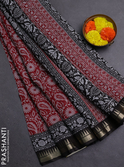 Semi maheshwari cotton saree maroon and black with allover prints and zari woven border