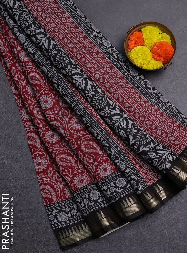 Semi maheshwari cotton saree maroon and black with allover prints and zari woven border