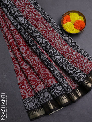 Semi maheshwari cotton saree maroon and black with allover prints and zari woven border