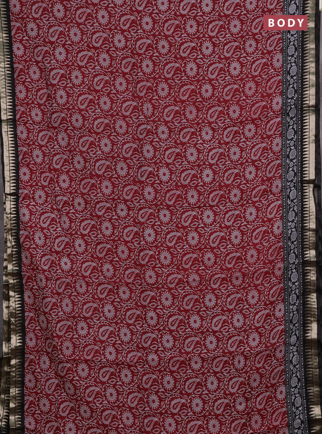 Semi maheshwari cotton saree maroon and black with allover prints and zari woven border