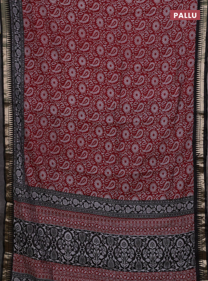 Semi maheshwari cotton saree maroon and black with allover prints and zari woven border