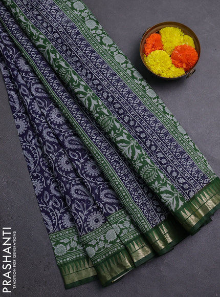 Semi maheshwari cotton saree dark blue and green with allover prints and zari woven border