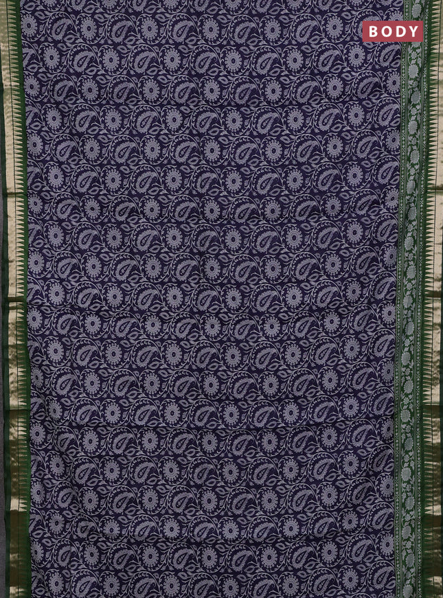 Semi maheshwari cotton saree dark blue and green with allover prints and zari woven border