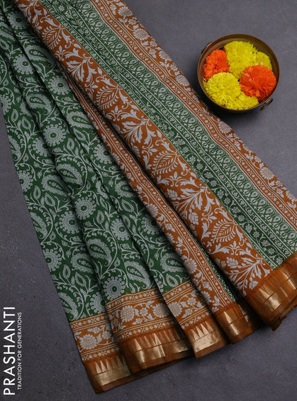 Semi maheshwari cotton saree green and mustard yellow with allover prints and zari woven border