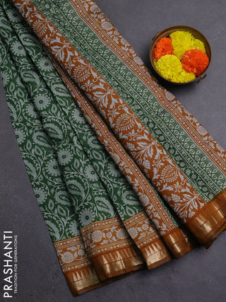 Semi maheshwari cotton saree green and mustard yellow with allover prints and zari woven border