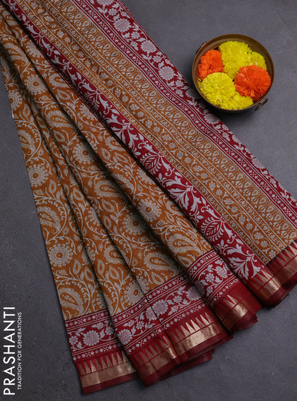Semi maheshwari cotton saree mustard yellow and maroon with allover prints and zari woven border