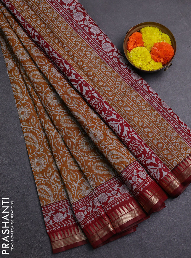 Semi maheshwari cotton saree mustard yellow and maroon with allover prints and zari woven border
