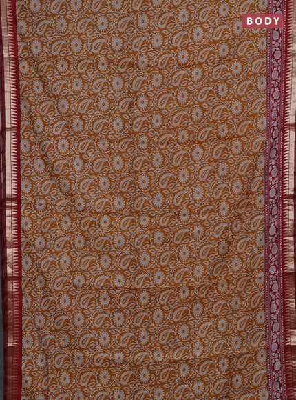Semi maheshwari cotton saree mustard yellow and maroon with allover prints and zari woven border
