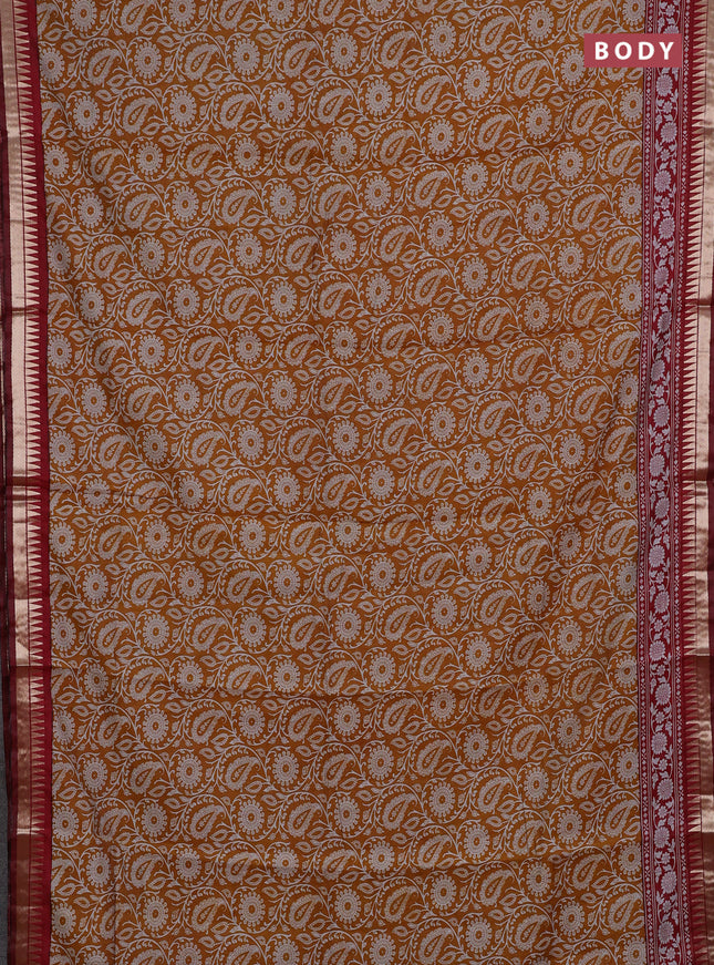 Semi maheshwari cotton saree mustard yellow and maroon with allover prints and zari woven border