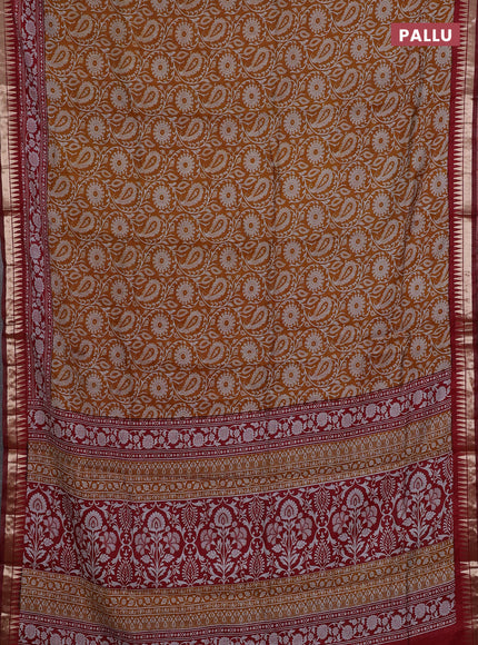 Semi maheshwari cotton saree mustard yellow and maroon with allover prints and zari woven border