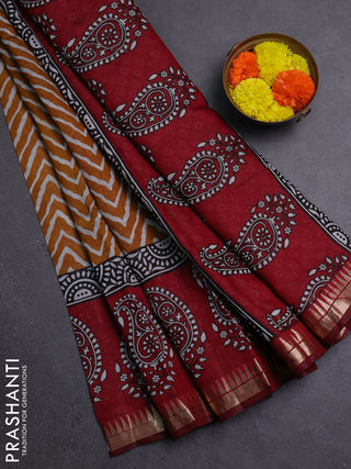 Semi maheshwari cotton saree mustard yellow and maroon with allover zig zag prints and zari woven border