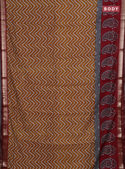 Semi maheshwari cotton saree mustard yellow and maroon with allover zig zag prints and zari woven border