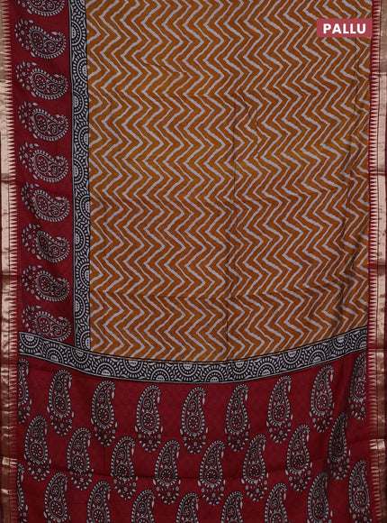 Semi maheshwari cotton saree mustard yellow and maroon with allover zig zag prints and zari woven border