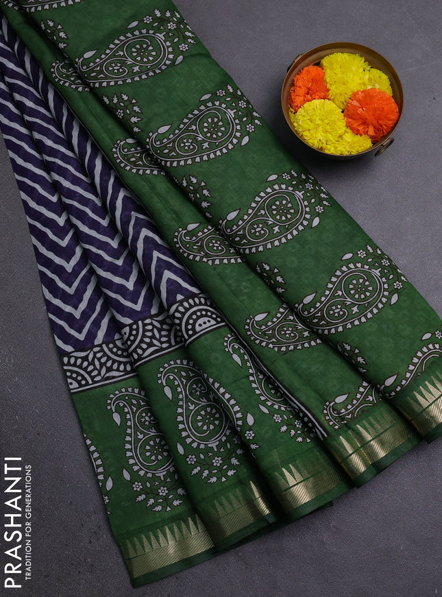 Semi maheshwari cotton saree blue and green with allover zig zag prints and zari woven border
