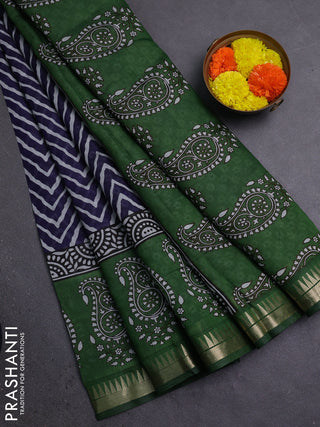Semi maheshwari cotton saree blue and green with allover zig zag prints and zari woven border
