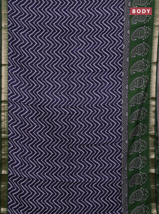 Semi maheshwari cotton saree blue and green with allover zig zag prints and zari woven border