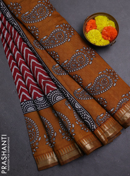 Semi maheshwari cotton saree maroon and mustard yellow with allover zig zag prints and zari woven border