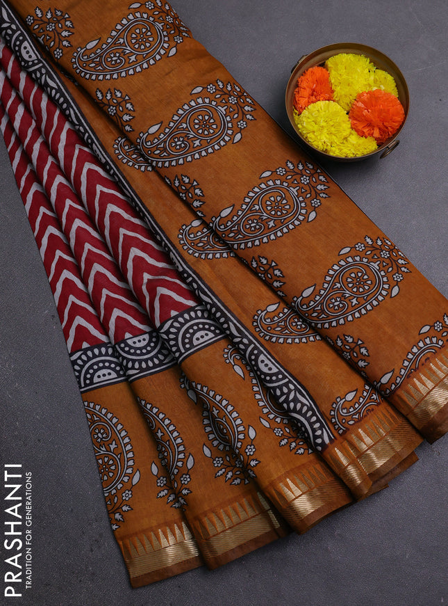 Semi maheshwari cotton saree maroon and mustard yellow with allover zig zag prints and zari woven border