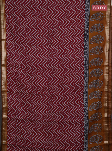 Semi maheshwari cotton saree maroon and mustard yellow with allover zig zag prints and zari woven border