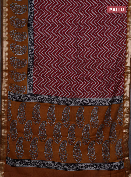 Semi maheshwari cotton saree maroon and mustard yellow with allover zig zag prints and zari woven border