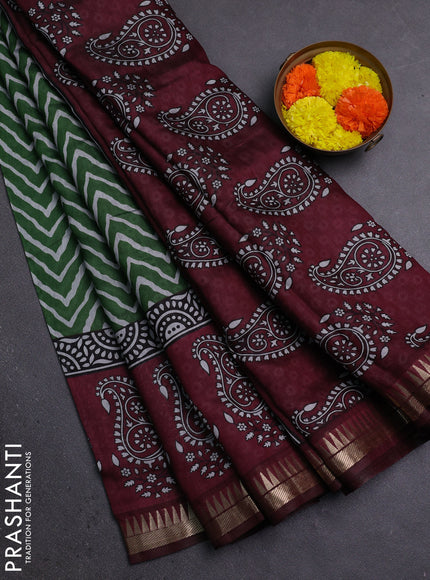Semi maheshwari cotton saree green and deep maroon with allover zig zag prints and zari woven border