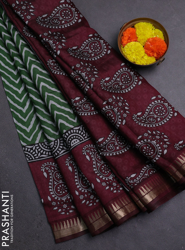 Semi maheshwari cotton saree green and deep maroon with allover zig zag prints and zari woven border