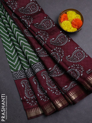 Semi maheshwari cotton saree green and deep maroon with allover zig zag prints and zari woven border