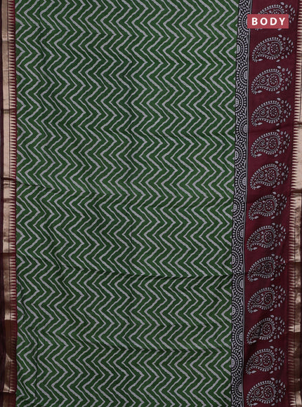 Semi maheshwari cotton saree green and deep maroon with allover zig zag prints and zari woven border