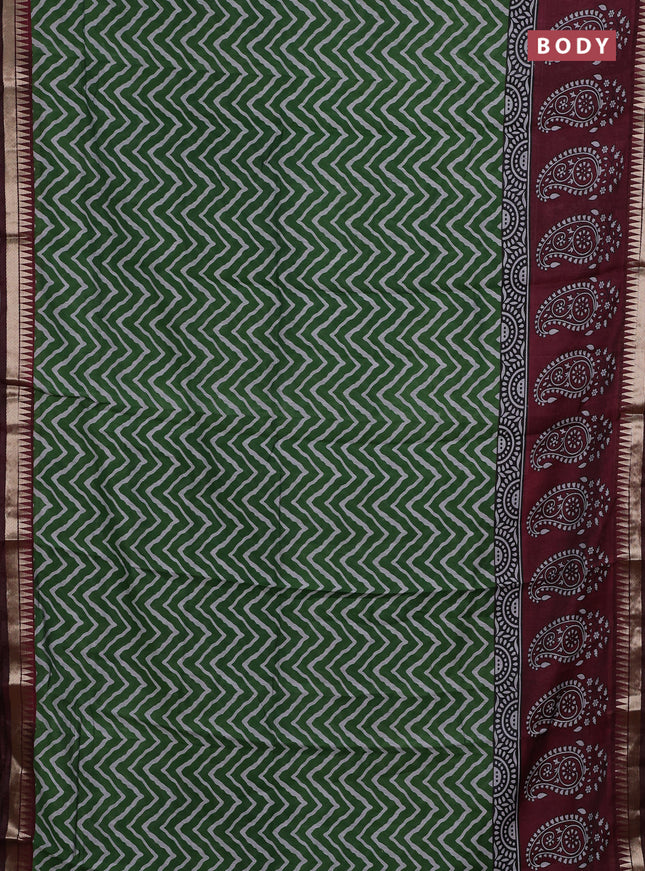 Semi maheshwari cotton saree green and deep maroon with allover zig zag prints and zari woven border