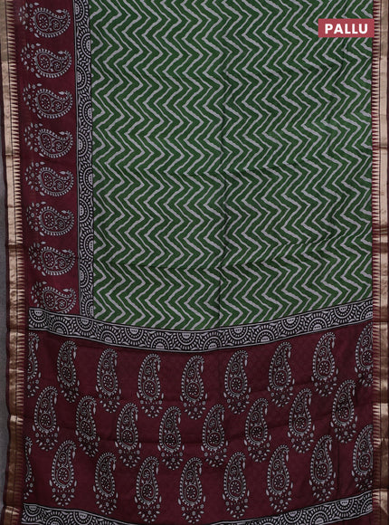 Semi maheshwari cotton saree green and deep maroon with allover zig zag prints and zari woven border