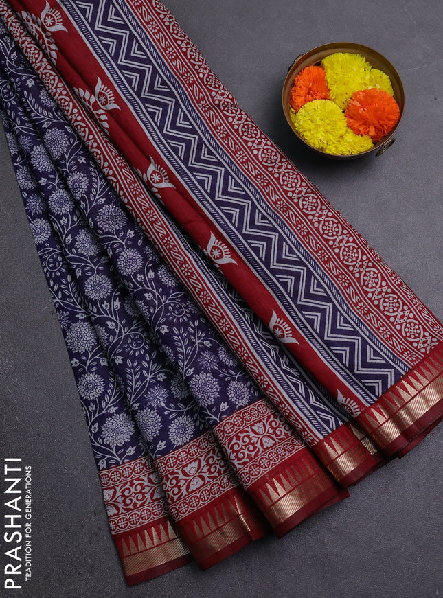 Semi maheshwari cotton saree blue and maroon with allover prints and zari woven border
